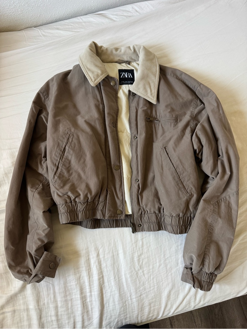 ZARA Taupe Contrast Collar Waxed Bomber Jacket